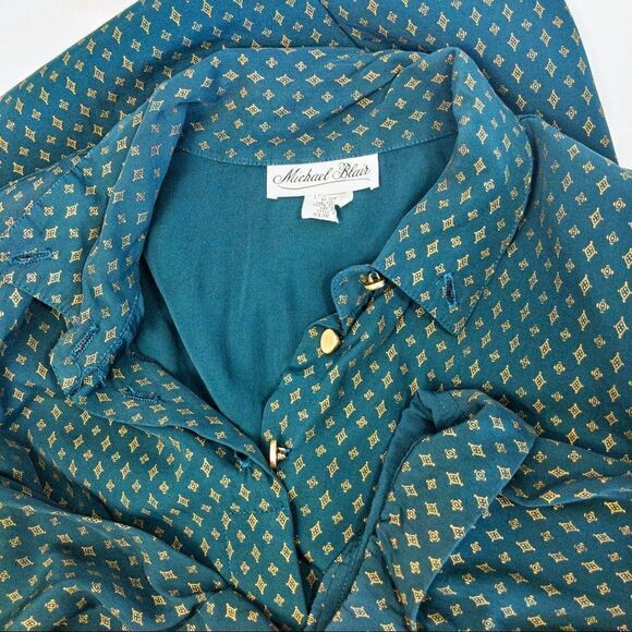 VTG 80’s Pine Green Blouse Gold Accents Sz 12/14 - Picture 1 of 12